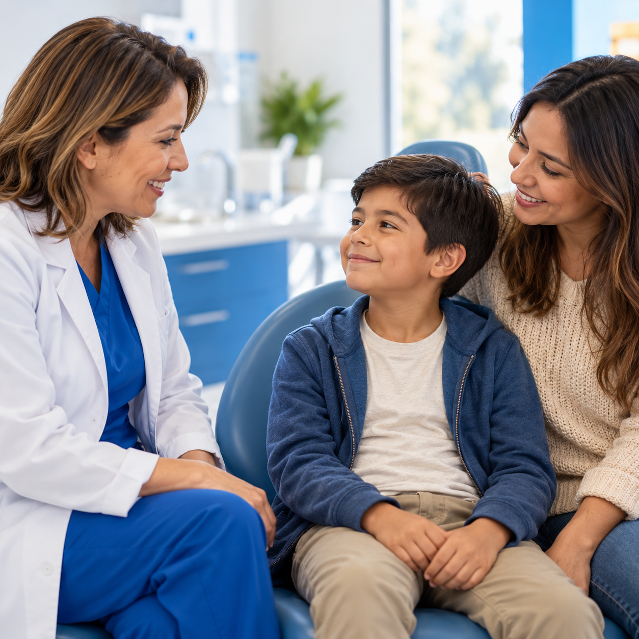 Imagen ilustrativa de una dentista conversando con un niño y su madre